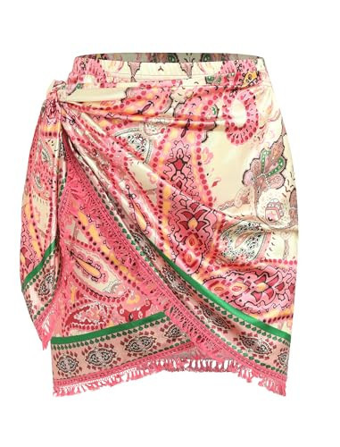 ZAFUL Slit Skirt for Women Boho Paisley Printed Wrap Tie Side Sarong Bodycon Mini Short Skirt for Beach Party(Boho Pink B,M) | Amazon (US)