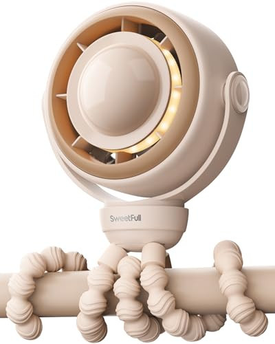 SWEETFULL Baby Stroller Fan - 4000mAh Rechargeable 4-Speed Quiet with LED Display & Night Light, Mini Portable 360° Clip On Safe Fan for Car Seat, Crib, Travel - Brown | Amazon (US)
