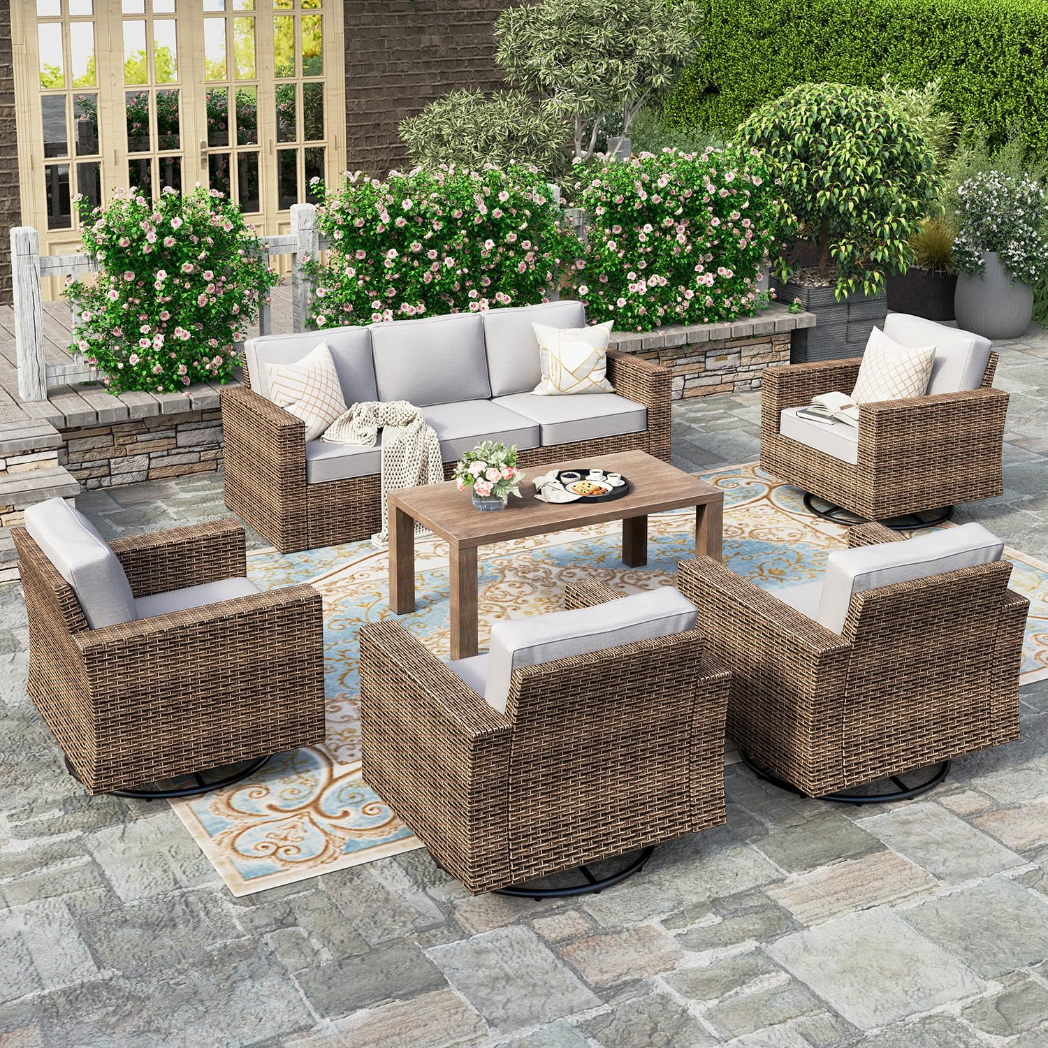 HERA'S HOUSE Swivel Glide Patio Furniture Conversation Set, Outdoor Wicker Chairs with 4.92" Wide... | Amazon (US)