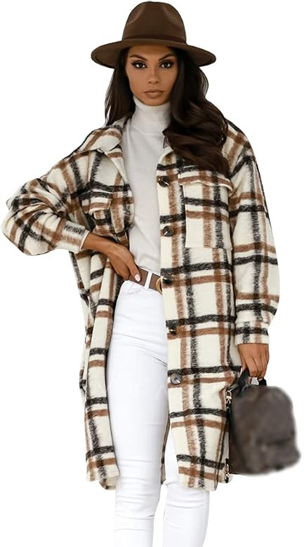 IDEALSANXUN Womens Casual Thicken Plaid Wool Long Shirt Jackets Wool Coat | Amazon (US)