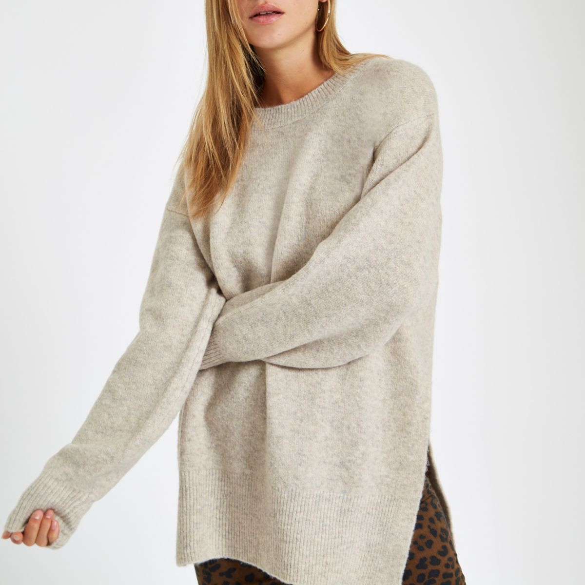 Beige split side knit sweater | River Island (UK & IE)