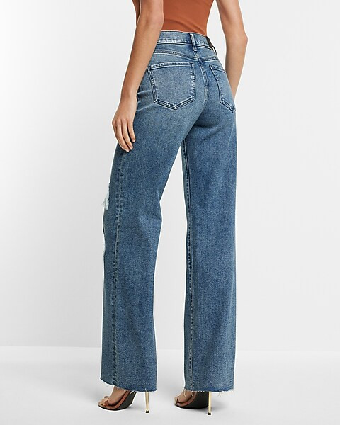 High Waisted Medium Wash Ripped Wide Leg Jeans | Express