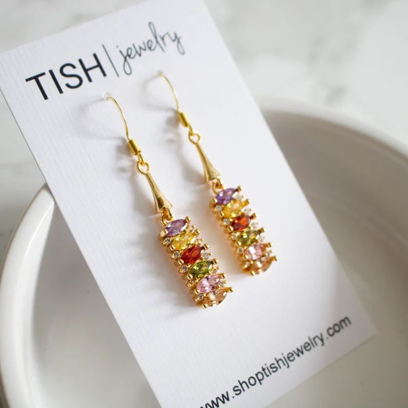 Rhinestone Bar Earrings. Colourful Rhinestone Earrings. Spring Earrings. Gold Dangle Earrings. | Etsy (US)