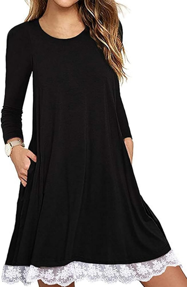 Halife Women's Casual Long Sleeve Lace Hem T-Shirt Loose Dress with Pockets | Amazon (US)