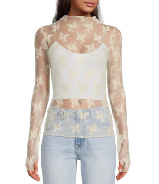 Free People Lady Lux Jacquard Sheer Mock Neck Long Sleeve Layering Top | Dillard's | Dillard's