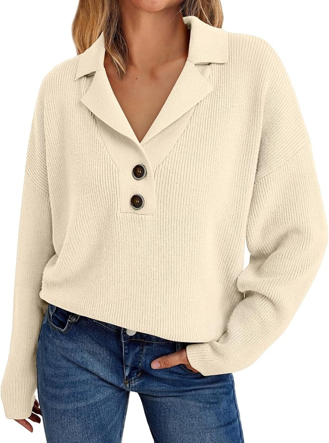 LILLUSORY Women's Snap-Buttons Foldover Collar Henley Knitted Pullover Sweater Tops | Amazon (US)