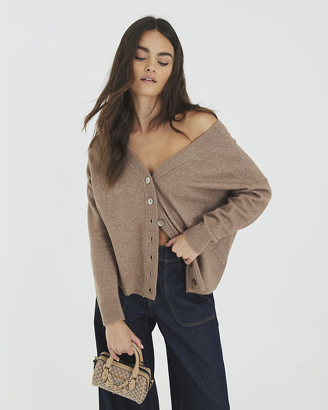 Brown V-Neck button Cardigan | River Island UK & IE