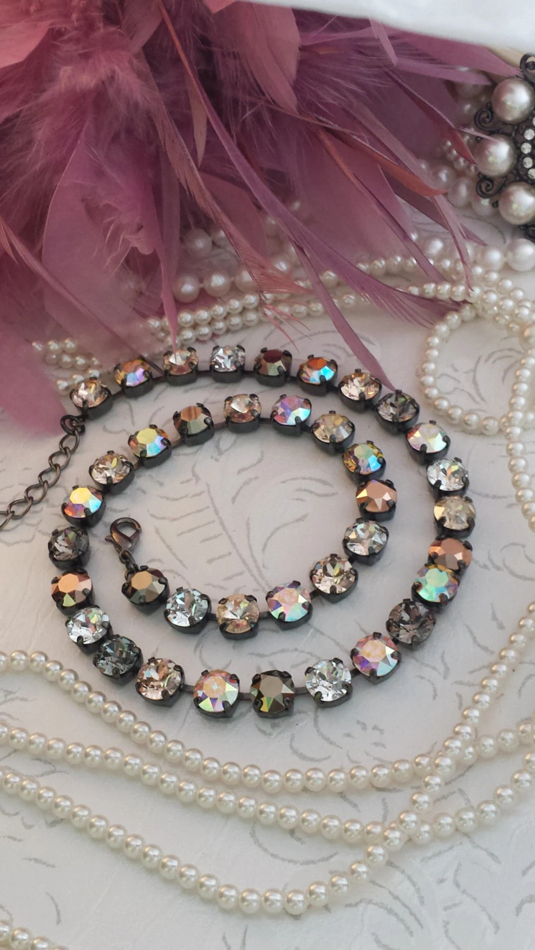 BEST SELLER Neutral Mulit Colored Crystal Tennis Necklace, Neutral Tone Crystal Collet Necklace, ... | Etsy (US)