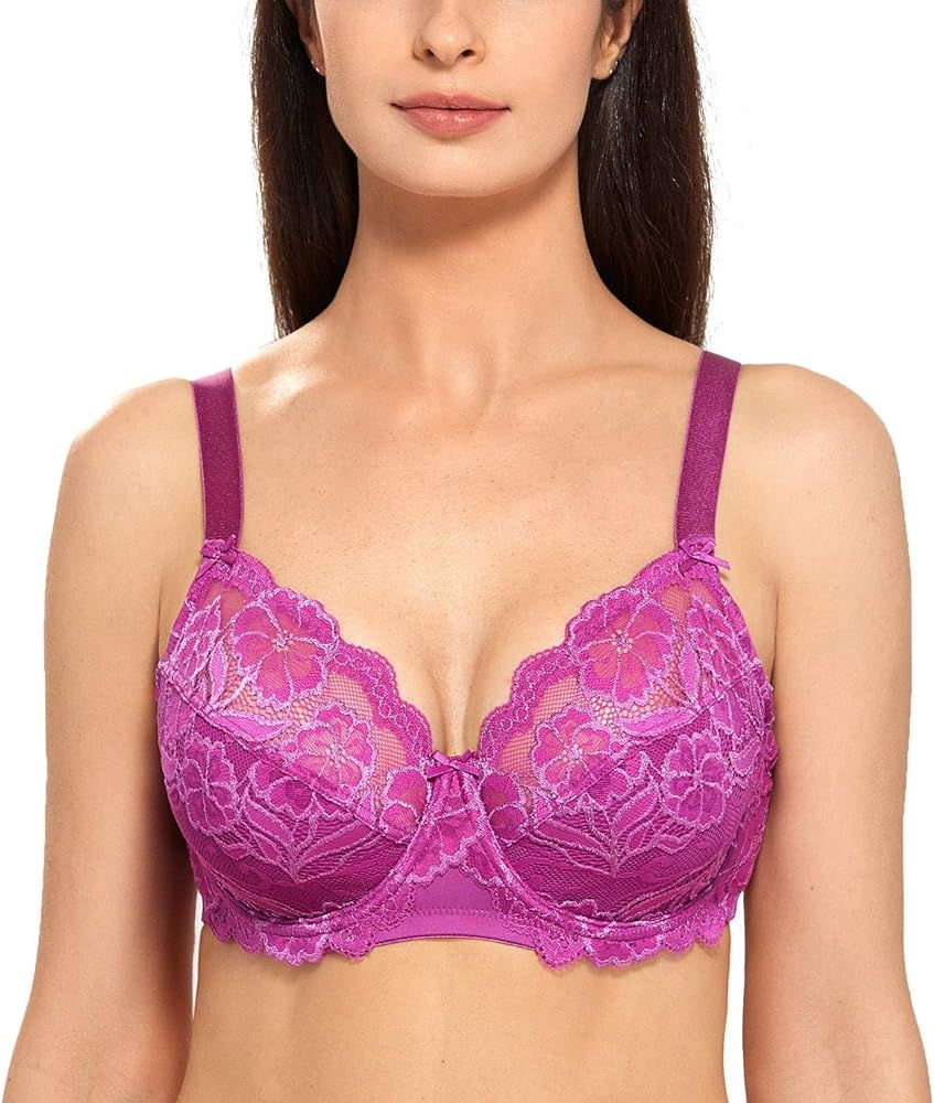 DELIMIRA Women's Plus Size Bras Full Coverage Lace Underwire Unlined Bra | Amazon (US)