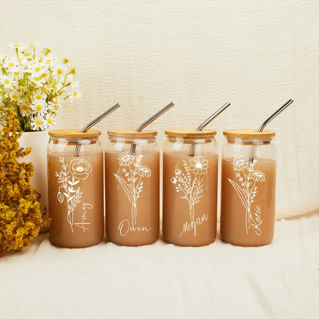 Custom Name Cup With Birth Flowerbirth Month Iced Coffee - Etsy | Etsy (US)