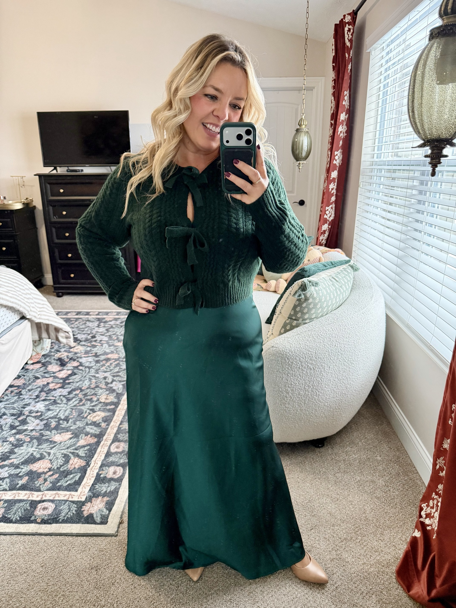 Emerald on emerald for liiiiife! This bow tie front sweater is SO soft! It’s from Target & the satin maxi skirt is from Shein! Wearing my true lg in both. I also linked the rest of my Shein order keepers here too! Don’t be afraid of Shein, free returns! But I am doing the leg work for you & sharing the wins from my orders! 

#LTKMidsize #LTKFindsUnder50 #LTKHoliday