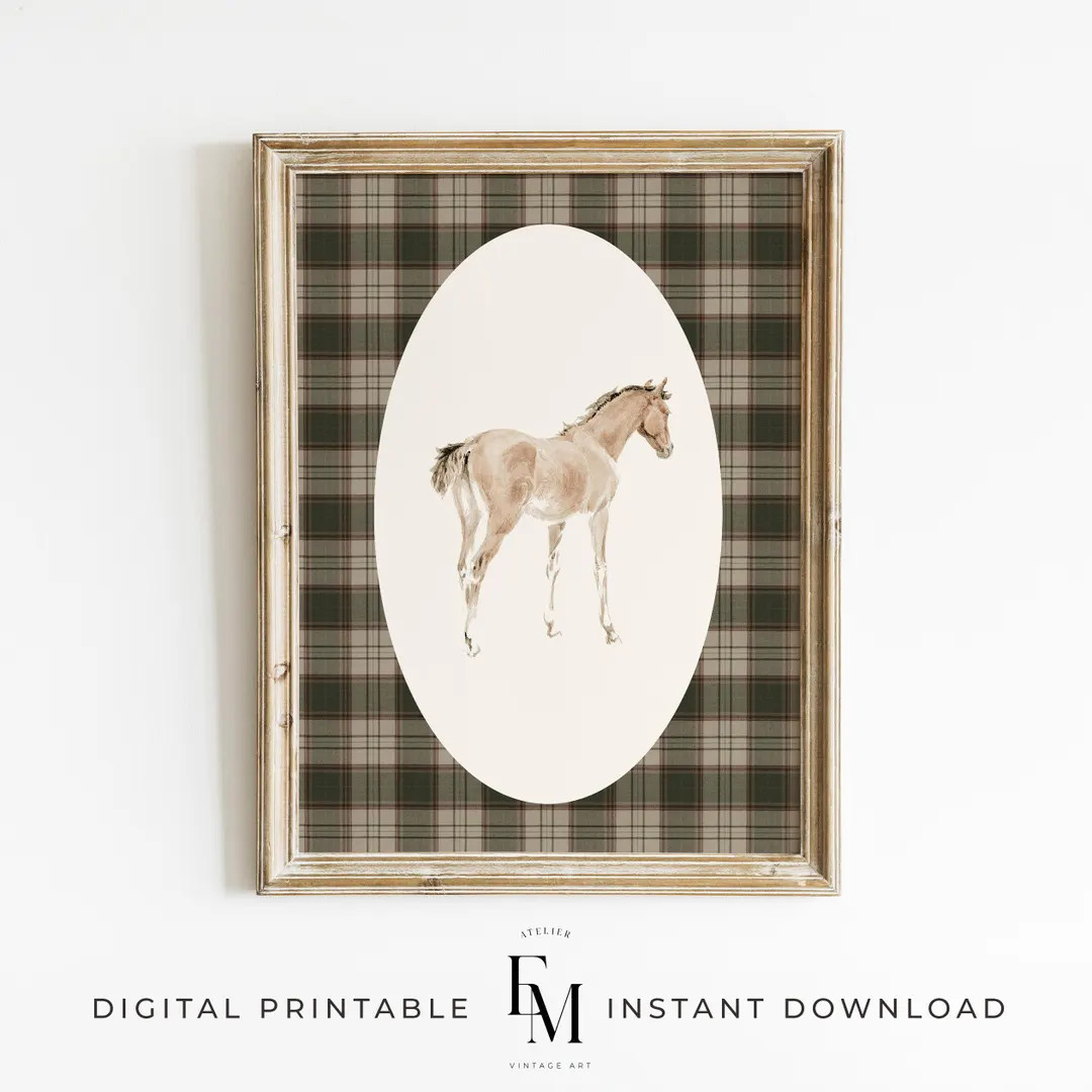 Moody Green Horse Print Dark Gingham Preppy Wall Art Nursery Western Boys Room Vintage Equestrian | Etsy (US)