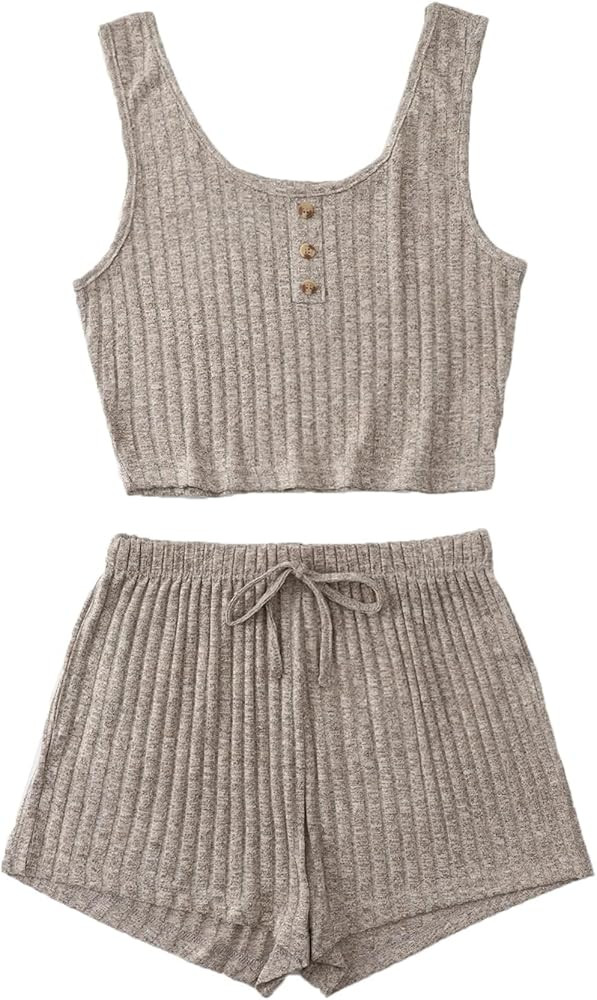 SOLY HUX Women's Button Front Ribbed Knit Tank Top and Shorts Pajama Set Sleepwear Lounge Sets | Amazon (US)