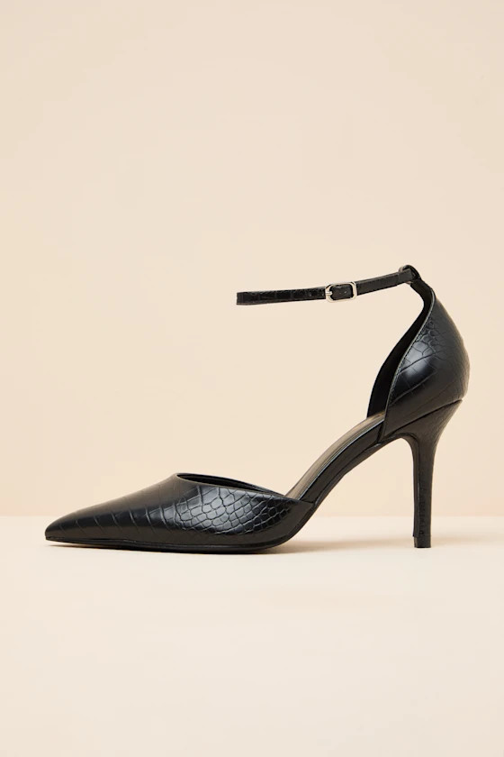 Acrux Black Croc Pointed-Toe Ankle Strap Pumps | Lulus
