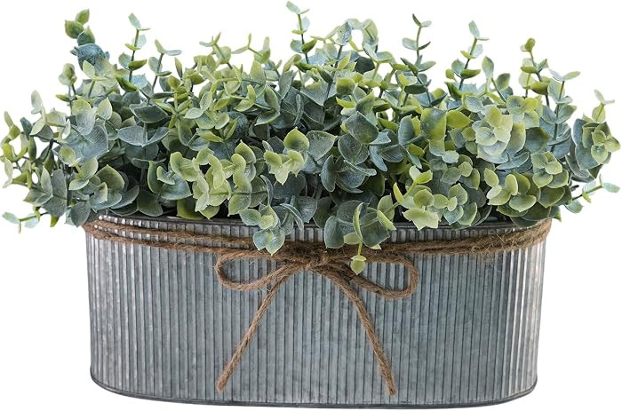 Winlyn Artificial Eucalyptus Arrangement in Rustic Oval Galvanized Metal Planter Box Faux Eucalyp... | Amazon (US)