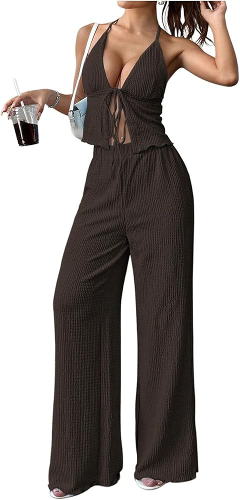 SOLY HUX Women's Sexy 2 Piece Outfits Sleeveless Halter Top and Wide Leg Pants Set | Amazon (US)