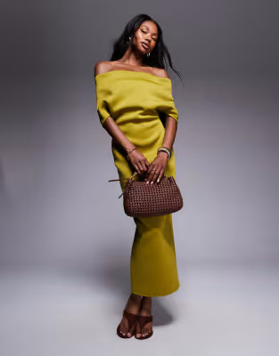 ASOS DESIGN scuba deep bardot midi dress with cape back detail in green | ASOS (Global)