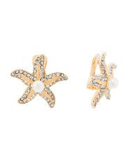 Gold Rhinestone Starfish Faux Pearl Center Earrings | TJ Maxx