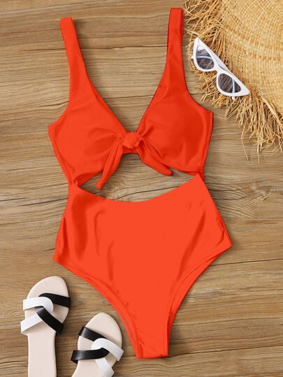 Knot Front Cut-out One Piece Swimsuit | SHEIN