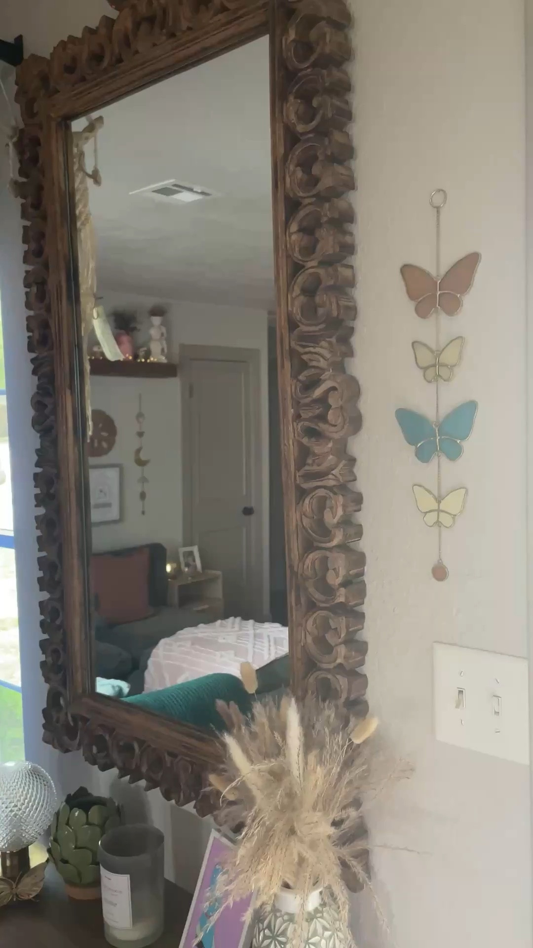 My boho entry table decor! Rattan Entry Table, Boho Mirror, Butterfly Decor, Earthy Home ✨🫶🏼 #earthydecor #boho 


#LTKHome