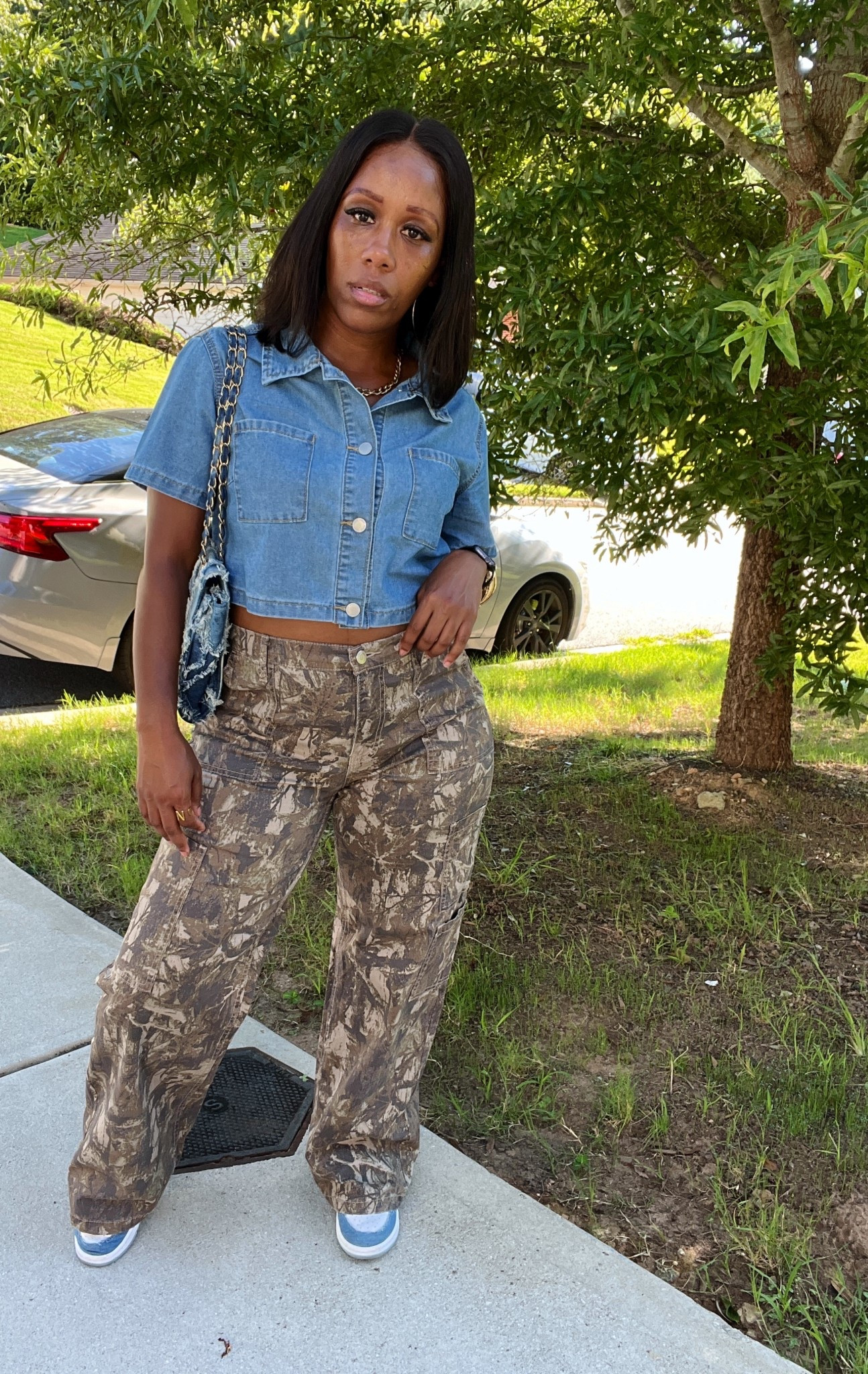 Denim crop top with wood camo cargo pantss

#LTKPetite #LTKOver40 #LTKFindsUnder50