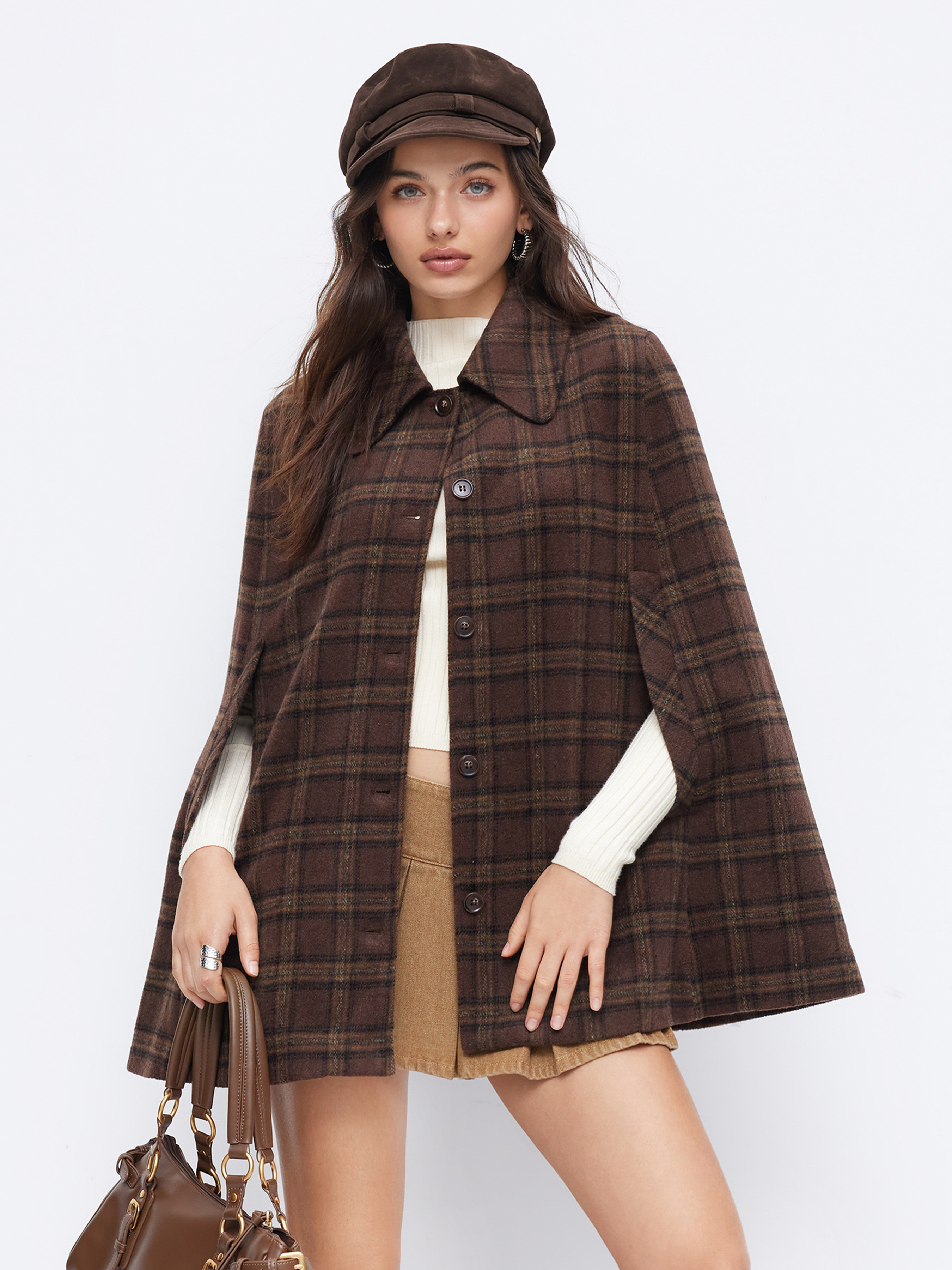 Wool-like fabrics Wool-Look Collar Plaid Cloak Sleeve Oversized Coat For Daily Casual | Cider