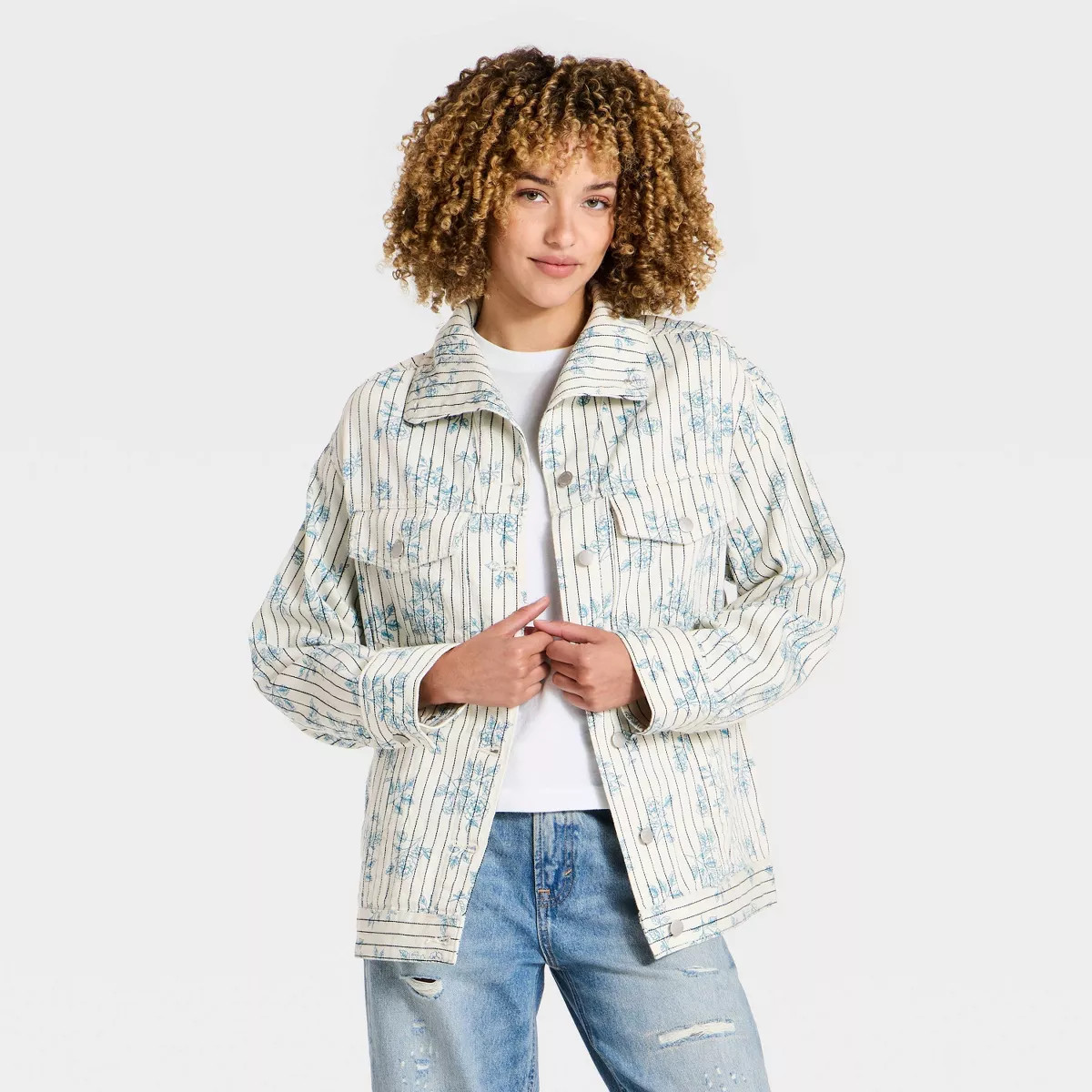 Women's Oversized Floral Striped Denim Jacket - Universal Thread™ M | Target