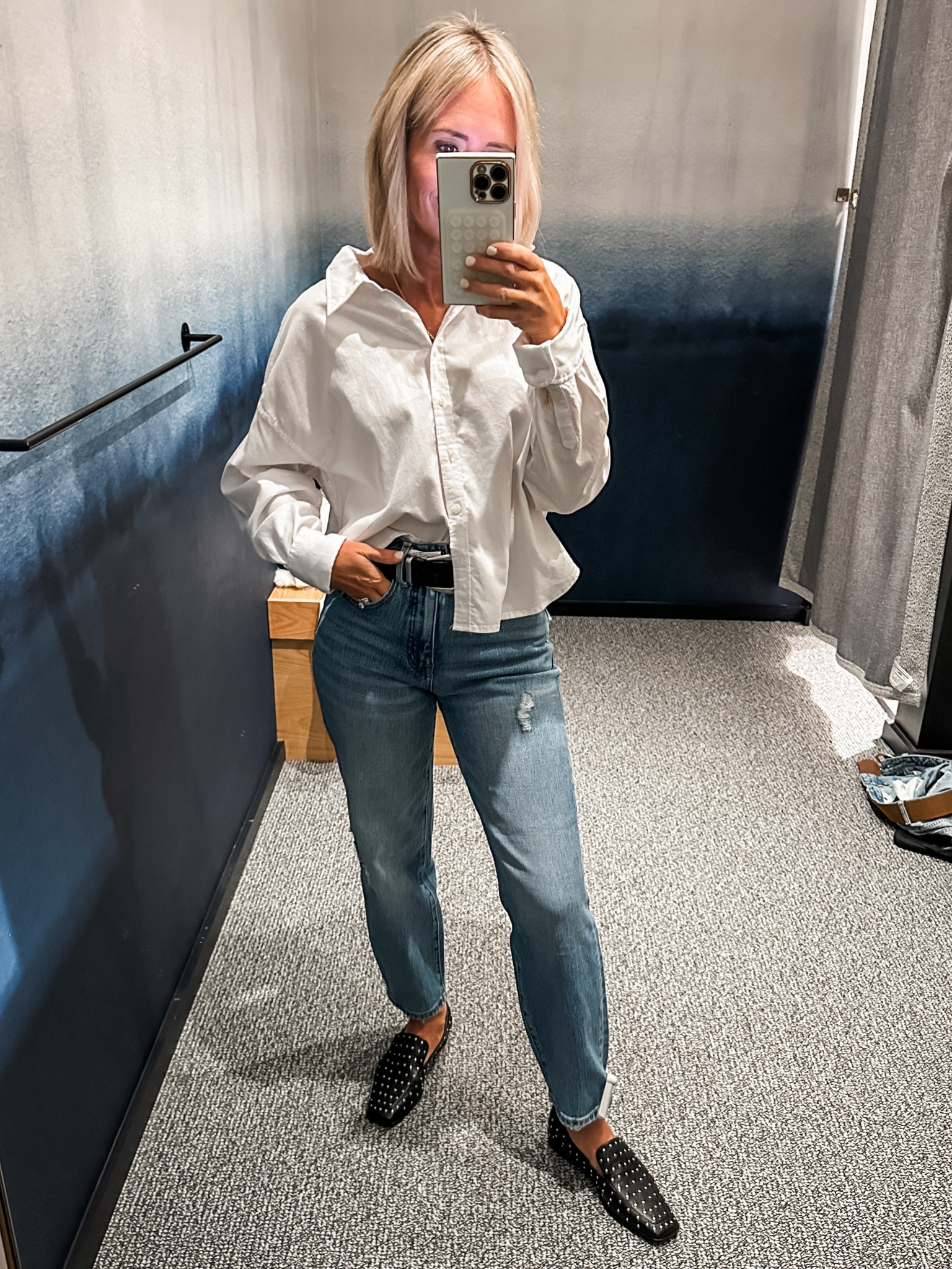 Love this classic and trendy combo

Barrel jeans in my smaller size
Studded loafers in my bigger shoe size
White button down- I sized up from small to medium for a loose “cool girl” fit


#LTKOver40 #LTKShoeCrush #LTKStyleTip