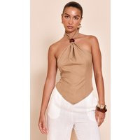 Latte Bead Detail Woven Halterneck Top, Latte | PrettyLittleThing UK