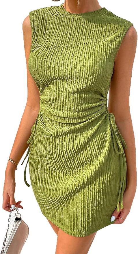 Acelitt Womens Summer Crewneck Sleeveless Cut Out Drawsting Ruched Mini Wedding Guest Dress | Amazon (US)