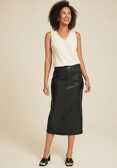 Faux Leather High Rise Midi Skirt | Maurices