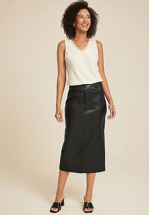 Faux Leather High Rise Midi Skirt | Maurices