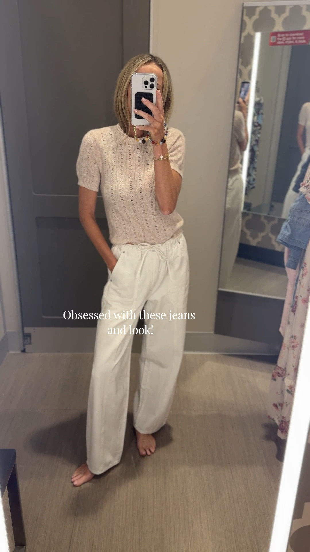 Size up one in pointelle sweater and tts jean!! Such a cool look. 