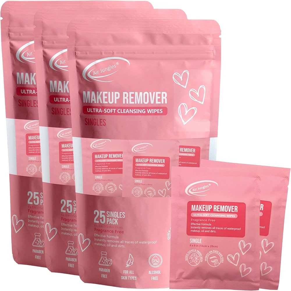 Air Jungles Makeup Remover Wipes Singles 25 Count (Pack of 3), Fragrance-Free, Gentle Removes Mak... | Amazon (US)