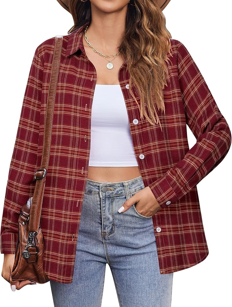 Zeagoo Flannel Shirt Women Button Down Long Sleeve Plaid Shirts Collared 2025 Casual Work Tops S-... | Amazon (US)