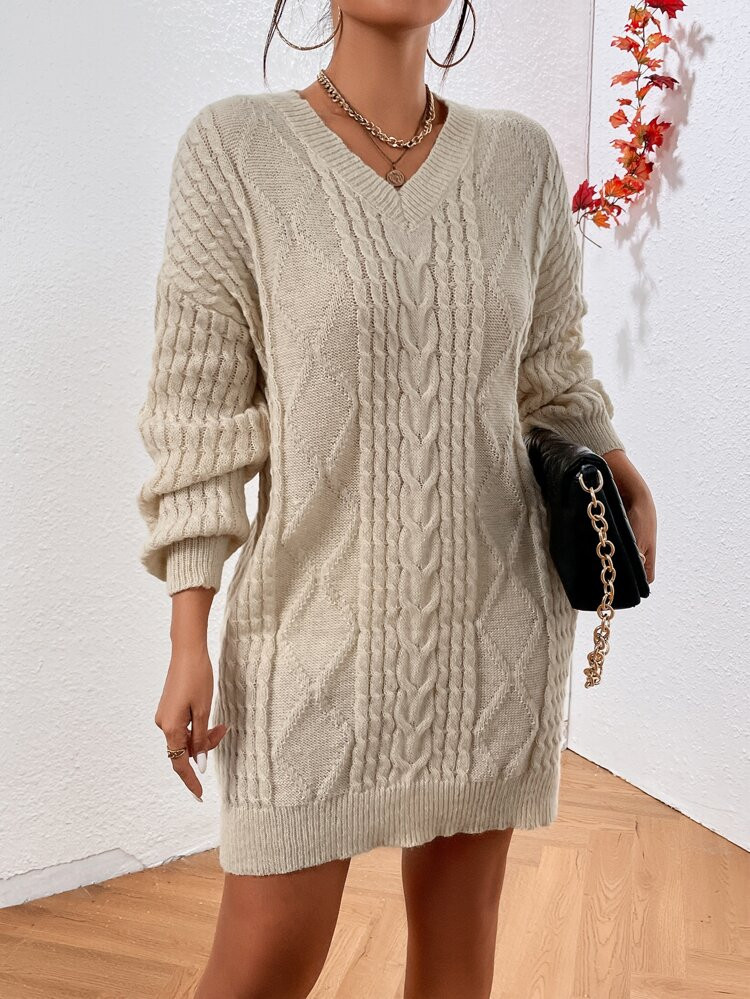 Drop Shoulder Cable Knit Sweater Dress Without Belt | SHEIN