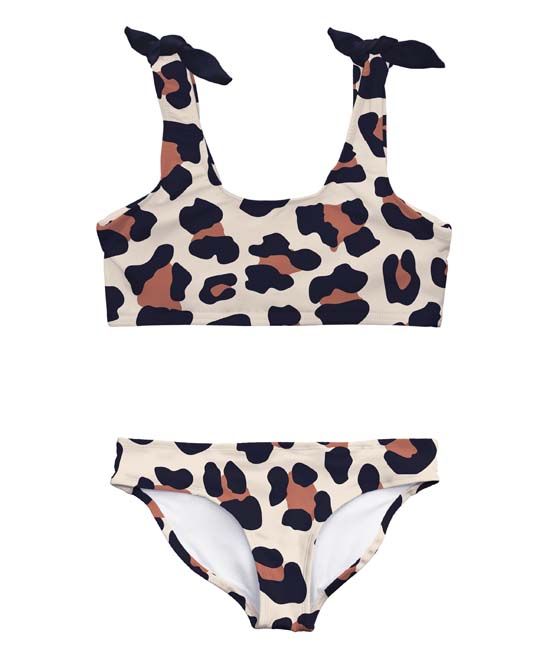 Emma & Elsa Girls' Bikini Bottoms - Cream & Brown Cheetah Tie-Shoulder Bikini - Girls | Zulily