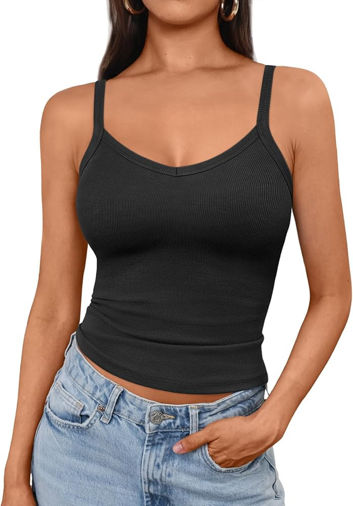 AUTOMET Womens Tank Top for Women Ribbed Sleeveless Racerback V Neck Sapghetti Strap Cropped Tops... | Amazon (US)