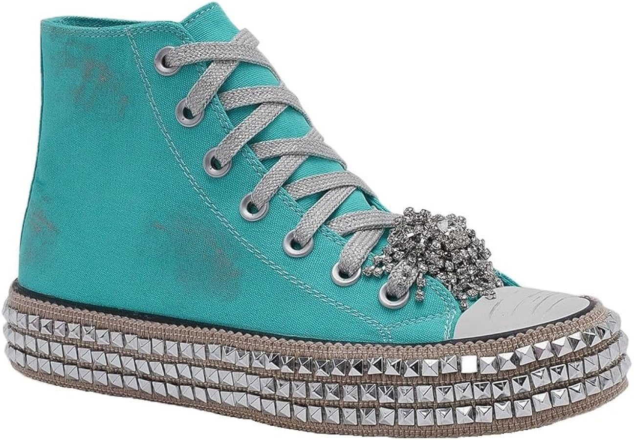 Womens High-Top Canvas Sneakers Studded Rhinestone Side Shoes Lace Up Fashion Shoes Casual Platfo... | Amazon (US)