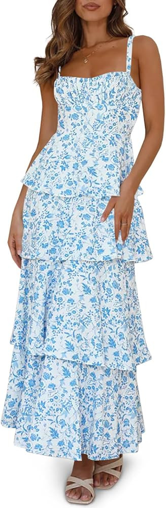 Wenrine Womens Summer Floral Maxi Dresses Sleeveless Spaghetti Strap Tie Back Ruffle Tiered Flowy... | Amazon (US)