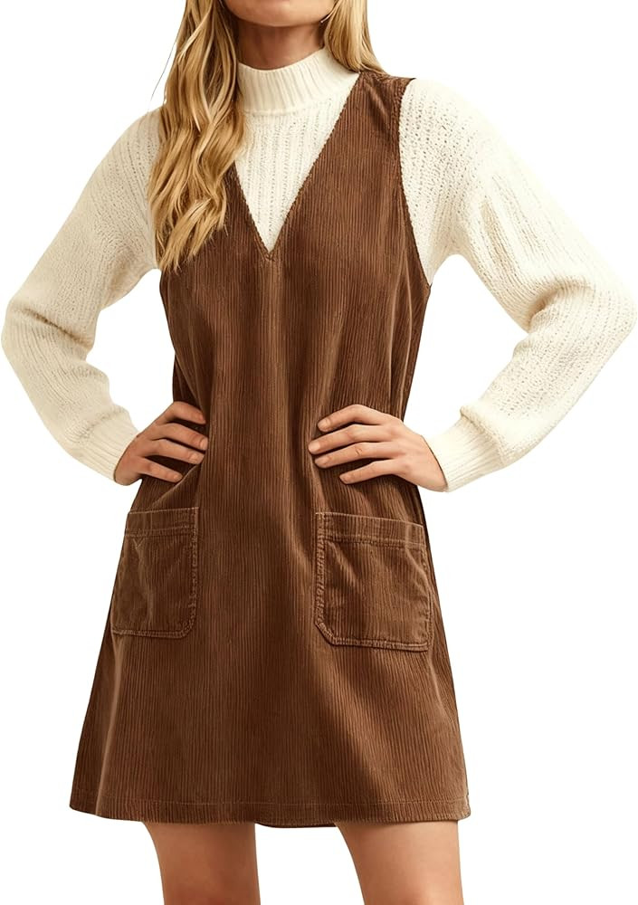 Hooever Women Corduroy Overall Dress V Neck A Line Skirtall Jumper Mini Dress Pinafore with Pocke... | Amazon (US)