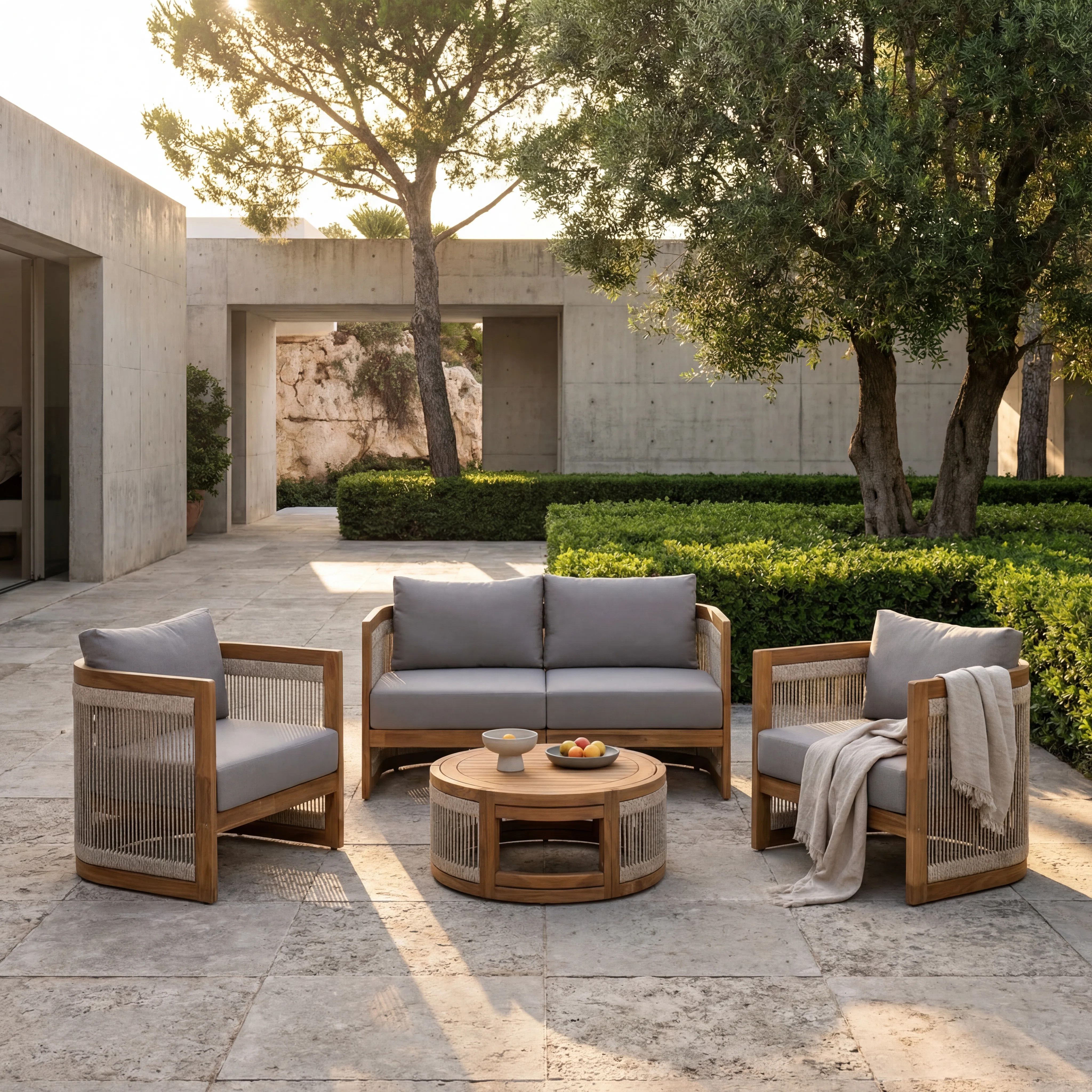 Outdoor 4-Piece Curved Acacia Patio Set with Woven Rope & Water-Resistant Cushions | Wayfair North America