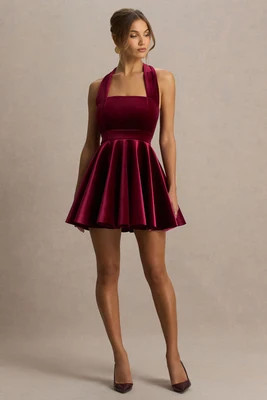 Mirage | Burgundy Velvet Halter-Neck Mini Dress With Skater-Skirt | Club L London