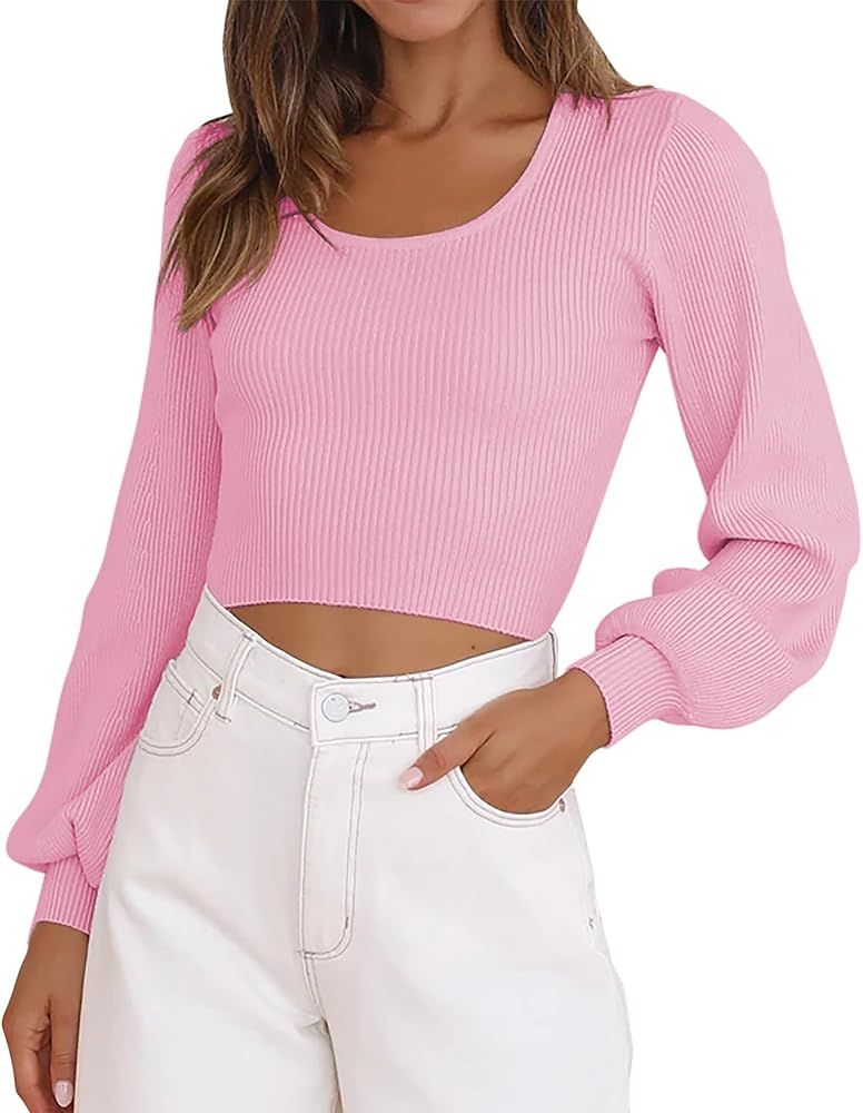 Crop Tops for Womens Pullover Ribbed Knit Cropped Sweater Solid Color Oval Collar Balloon Sleeve ... | Amazon (US)