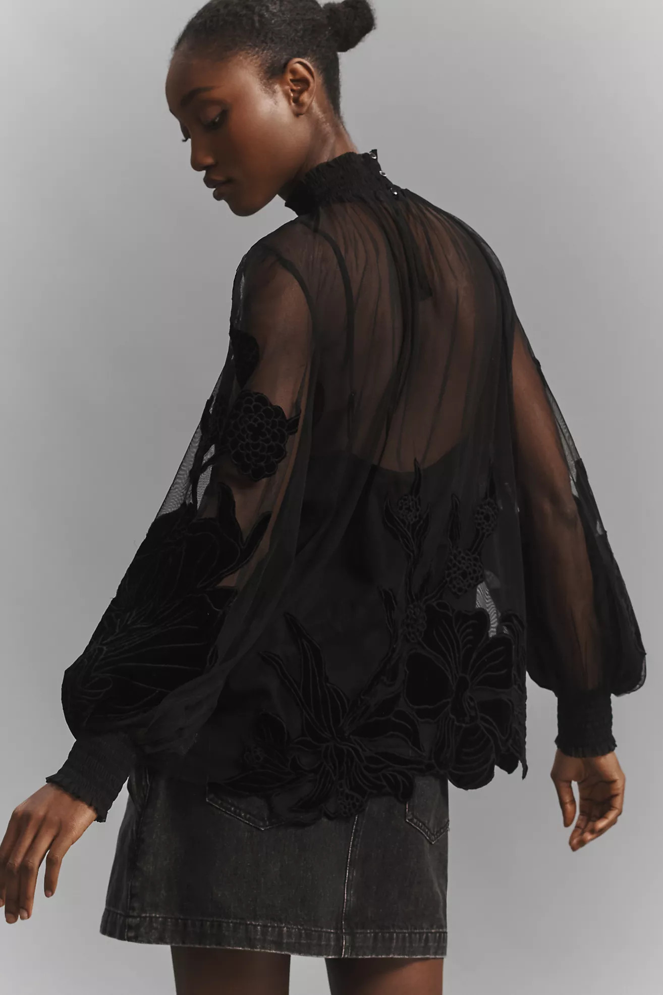 By Anthropologie Long-Sleeve Sheer Velvet Appliqué Blouse | Anthropologie (US)