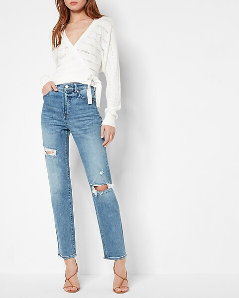 Super High Waisted Light Wash Ripped Modern Straight Jeans | Express