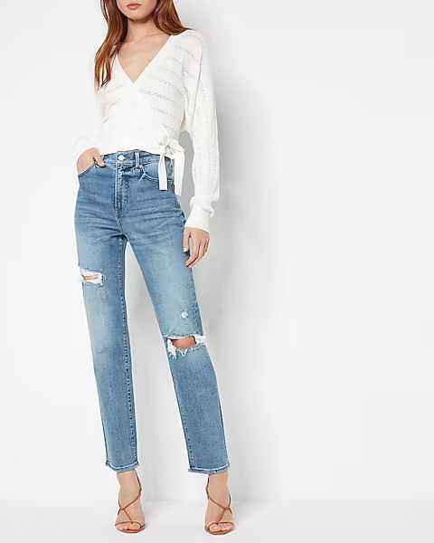 Super High Waisted Light Wash Ripped Modern Straight Jeans | Express