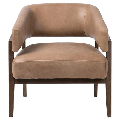 Dennis Rustic Lodge Brown Upholstered Leather Solid Dark Wood Barrel Chair | Kathy Kuo Home