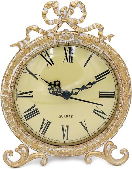 Funly mee Vintage Pewter Table Clock with Antique Golden Bow（Plexiglass Shell） | Amazon (US)
