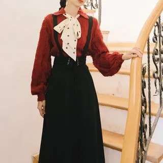 Set: Frayed Trim Blouse + Midi Suspender Dress | YesStyle Global